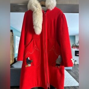 VINTAGE Northern Sun by Gemini Virgin Wool Parka Jacket Red Fox Fur XL Inuit Art